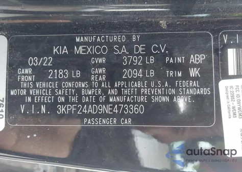 2022 Kia Forte Lxs из США, поврежденный, VIN 3KPF24AD9NE473360